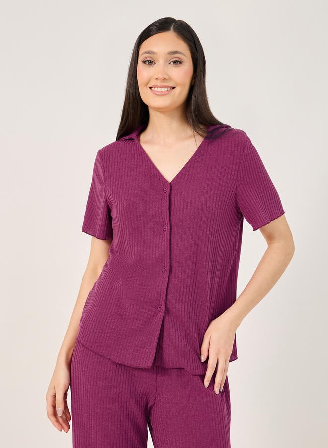Styli Brushed Rib Lettuce Edge Shirt and Pyjama Set  - Image 2