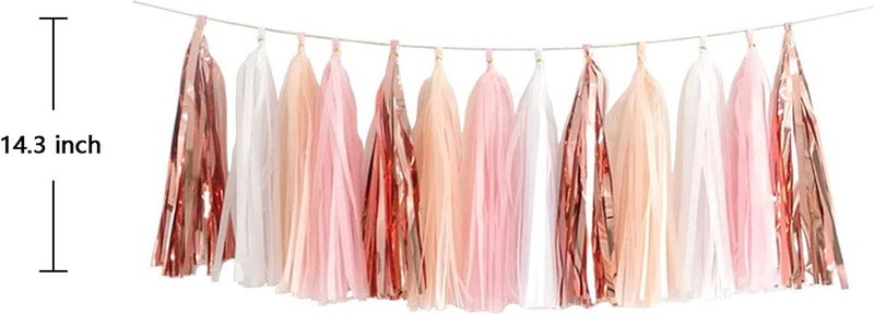 ZOOYOO Pink Shiny Tassel Garland Tissue Paper Tassel Banner,Table Decor,DIY Kits for Tassels Party Decoration,Pack of 20(Rose Gold, Peach, Light Pink, White) - Image 2