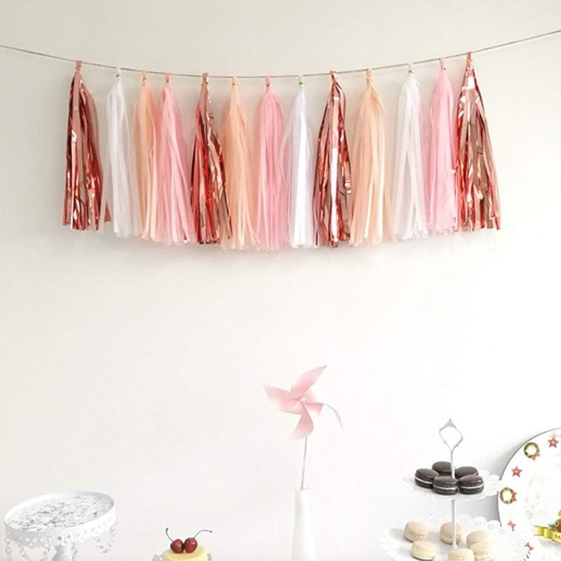 ZOOYOO Pink Shiny Tassel Garland Tissue Paper Tassel Banner,Table Decor,DIY Kits for Tassels Party Decoration,Pack of 20(Rose Gold, Peach, Light Pink, White) - Image 4