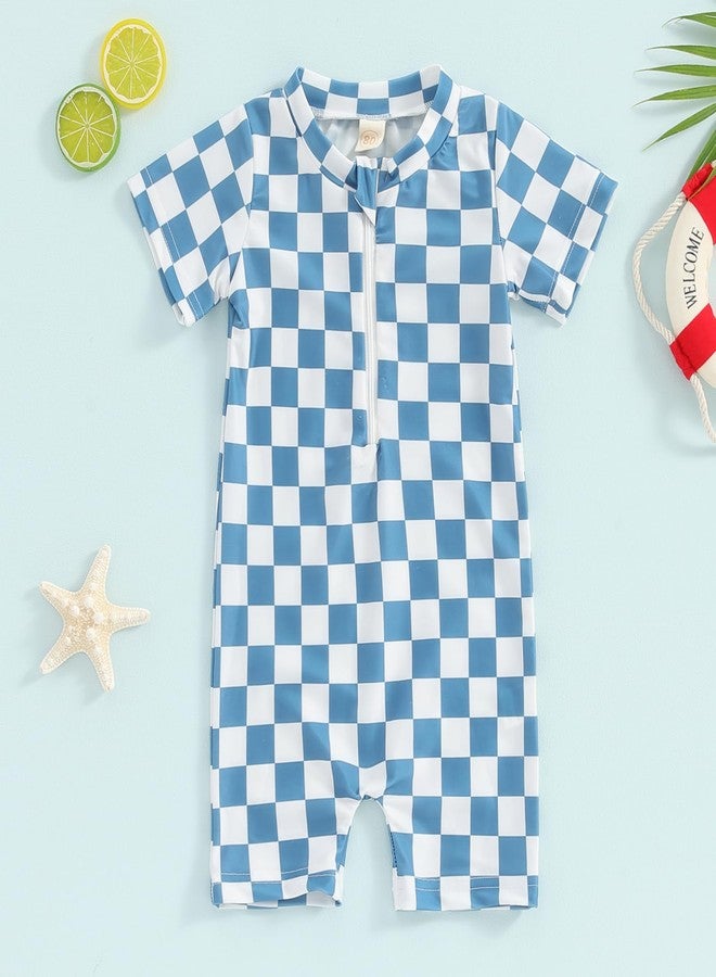 Lukivech Toddler Baby Boy Rash Guard Swimsuit Checkerboard Short Sleeve One Piece Zipper Bathing Suit Swimwear Beach Sunsuit (Blue, 6-12 Months) - Image 2