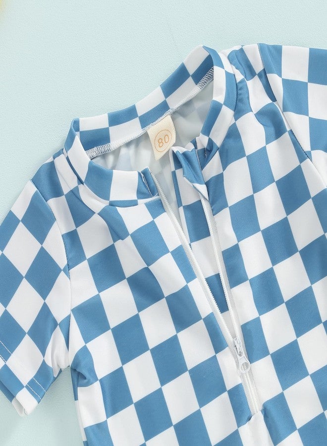 Lukivech Toddler Baby Boy Rash Guard Swimsuit Checkerboard Short Sleeve One Piece Zipper Bathing Suit Swimwear Beach Sunsuit (Blue, 6-12 Months) - Image 5