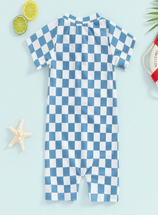 Lukivech Toddler Baby Boy Rash Guard Swimsuit Checkerboard Short Sleeve One Piece Zipper Bathing Suit Swimwear Beach Sunsuit (Blue, 6-12 Months) - Image 3