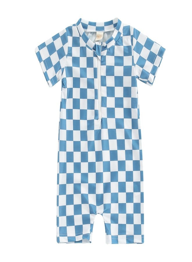 Lukivech Toddler Baby Boy Rash Guard Swimsuit Checkerboard Short Sleeve One Piece Zipper Bathing Suit Swimwear Beach Sunsuit (Blue, 6-12 Months) - Image 1