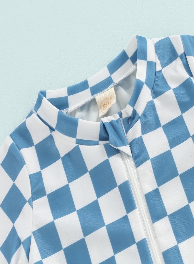 Lukivech Toddler Baby Boy Rash Guard Swimsuit Checkerboard Short Sleeve One Piece Zipper Bathing Suit Swimwear Beach Sunsuit (Blue, 6-12 Months) - Image 4