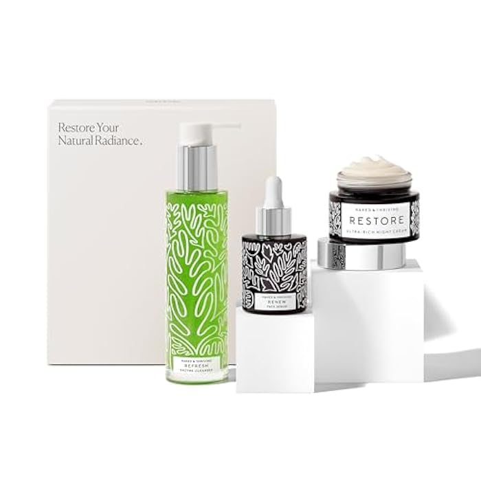 Naked + Thriving Naked & Thriving The Advanced Renewal Routine | Restore Ultra-Rich Night Cream (50g) + Refresh Gentle Enzyme Cleanser (120ml) + Renew Resurfacing Night Serum (30ml) (Set of 3) - Image 1