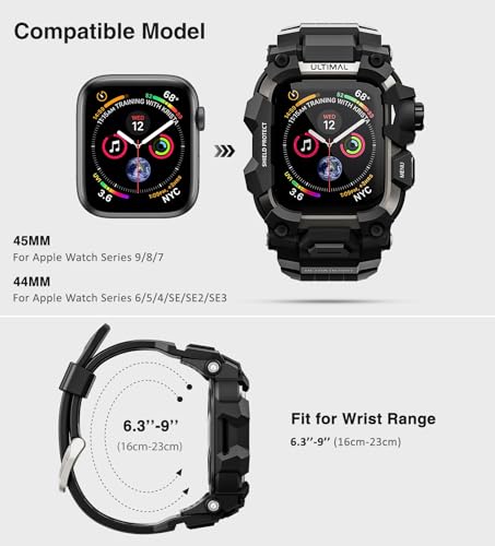 ULTIMAL Rugged Case with Band for Apple Watch 44mm,Compatible with Apple Watch Series SE 3/SE 2/SE Generation/6/5/4, Military Grade Shockproof Bumper Cover for iWatch Tactical Band Men (44mm,Black) - Image 2