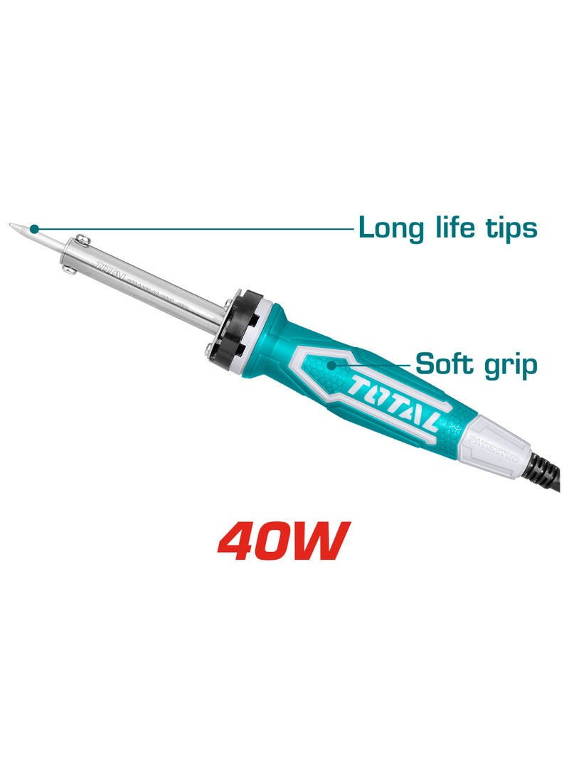 TOTAL 40W Electric Soldering Iron (220-240V) with BS Plug - Professional Welding Tool with Long-Life Replaceable Straight Tip and Safety Stand - TET1406-8 - Image 2
