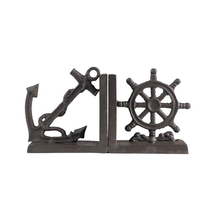 Danya B Danya B ZI08303 NauticalCoastal Home Decor  2Piece Metal Bookend Set with Anchor and Captains Wheel 
