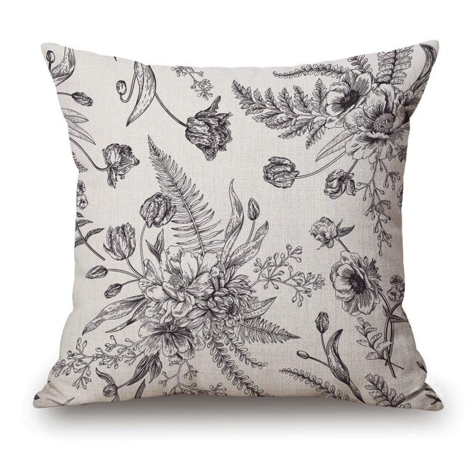 FLORAL PATTERN BOUQUETS OF SPRING FLOWERS BLACK AND WHITE COTTON LINEN SQUARE THROW WAIST PILLOW CASE DECORATIVE CUSHION COVER PILLOWCASE SOFA 18X 18