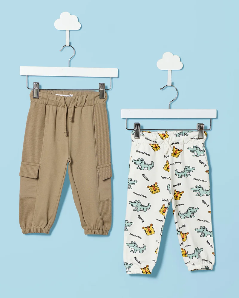 REDTAG Infant Boy Beige And Ivory Dino Printed 2 Pack Track Pants