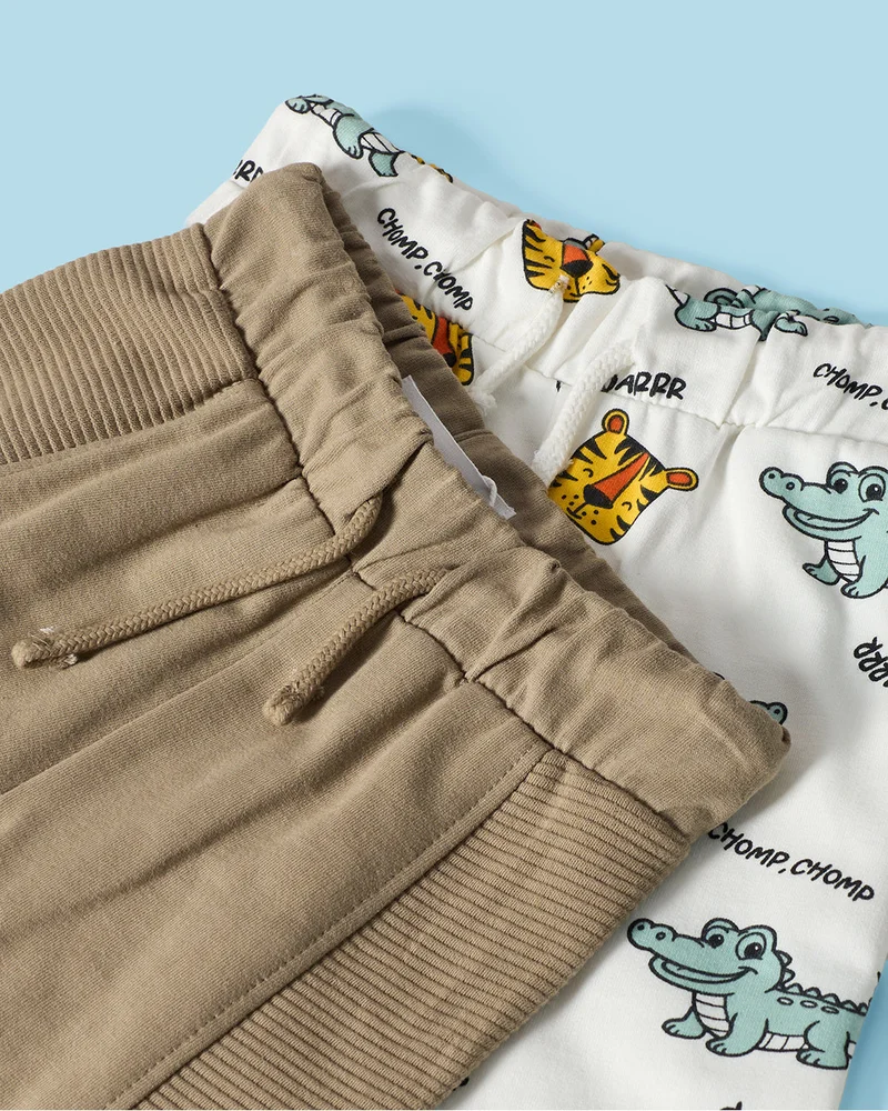 REDTAG Infant Boy Beige And Ivory Dino Printed 2 Pack Track Pants