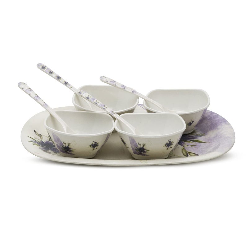 Bataniya Melamine Purple 9 pcs Serving Set with 1 Serving Tray, 4 Veg Bowl and 4 Tea Spoon for Snacks, Desserts and Other eateries. - Image 3