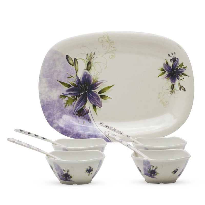 Bataniya Melamine Purple 9 pcs Serving Set with 1 Serving Tray, 4 Veg Bowl and 4 Tea Spoon for Snacks, Desserts and Other eateries. - Image 1