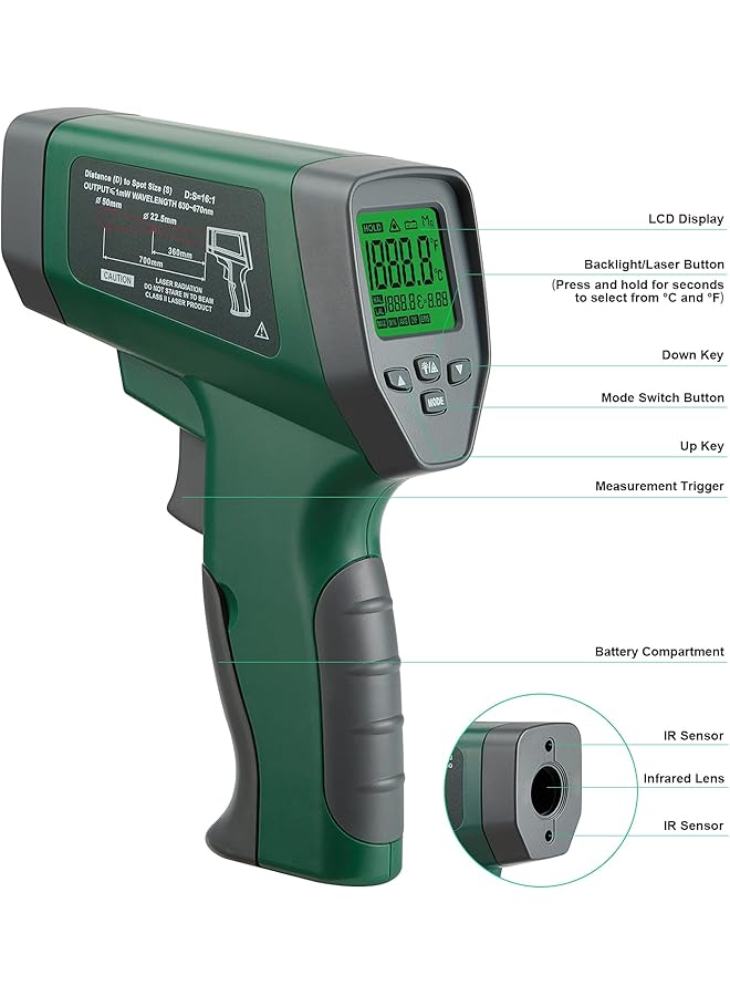 إنك بيرد مقياس حرارة بالأشعة تحت الحمراء، مسدس ترمومتر فرن البيتزا، مسدس ليزر رقمي لقياس درجة الحرارة من -50 درجة مئوية إلى 750 درجة مئوية للبيتزا/الفرن/الطهي/الشواء/المطبخ - Image 2