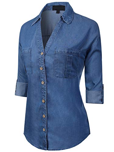 MixMatchy Women's Casual Basic Roll Up Sleeve Denim Chambray V-Neck Tencel Button Down Shirt Medium Denim S - Image 2