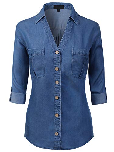 MixMatchy Women's Casual Basic Roll Up Sleeve Denim Chambray V-Neck Tencel Button Down Shirt Medium Denim S - Image 1