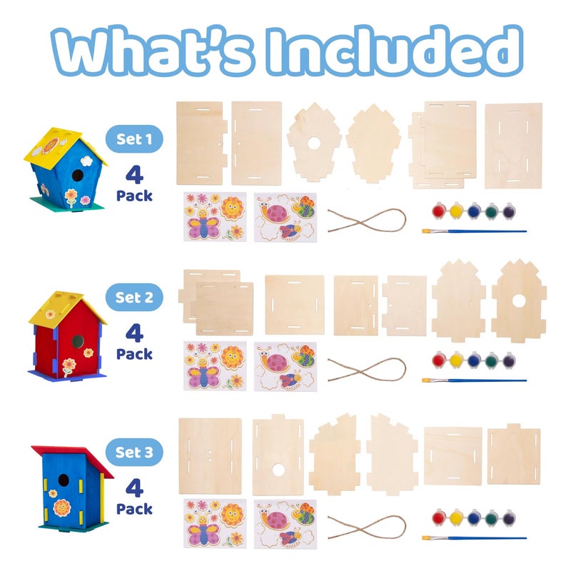 Neliblu DIY 12 Wooden Bird House Kits - Creative Arts and Crafts Set for Kids and Adults - Unfinished Wood Birdhouses with Paint Strips, Brushes, Stickers and Strings - 3 Unique Shapes, 2 Sizes - Image 3