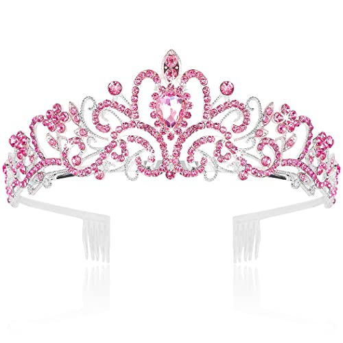 CURASA Pink Crystal Tiara Cute Crowns for Women Princess Crown Birthday Crown for Girls Wedding Headband Cute Kids Hair Accessories for Prom Costume Christmas - Image 1