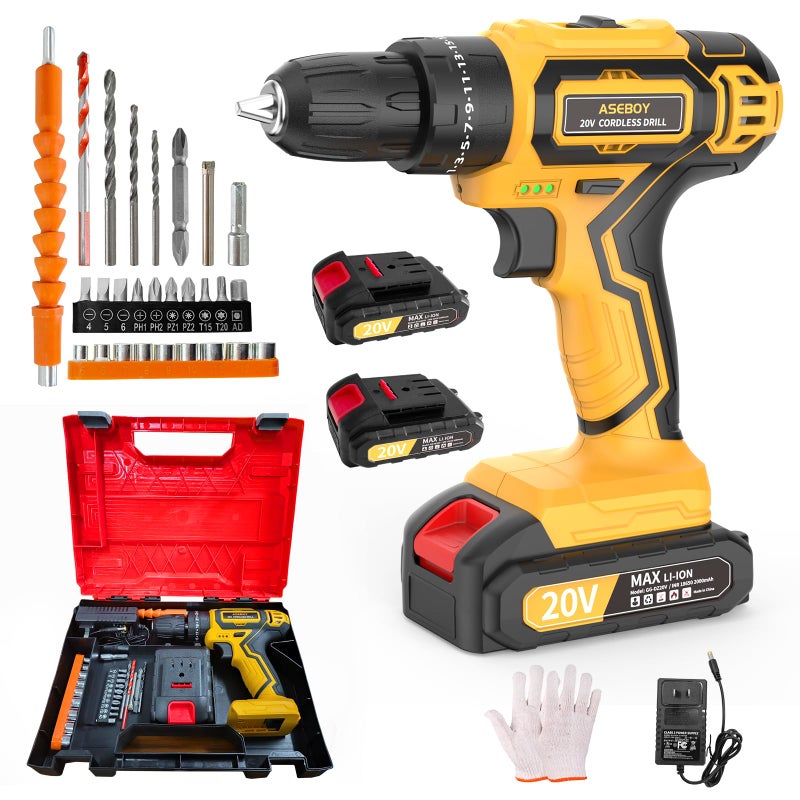 Aseboy Cordless Drill with Battery and Charger, 20V Electric Power Drill with 3/8" Keyless Chuck, 25+3 Torque Settings & Impact Mode for Drilling, Screwdriving, and Home Improvement(2 Batteries) - Image 1