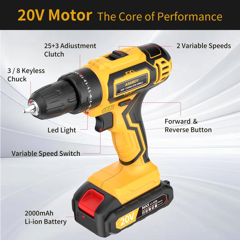 Aseboy Cordless Drill with Battery and Charger, 20V Electric Power Drill with 3/8" Keyless Chuck, 25+3 Torque Settings & Impact Mode for Drilling, Screwdriving, and Home Improvement(2 Batteries) - Image 3