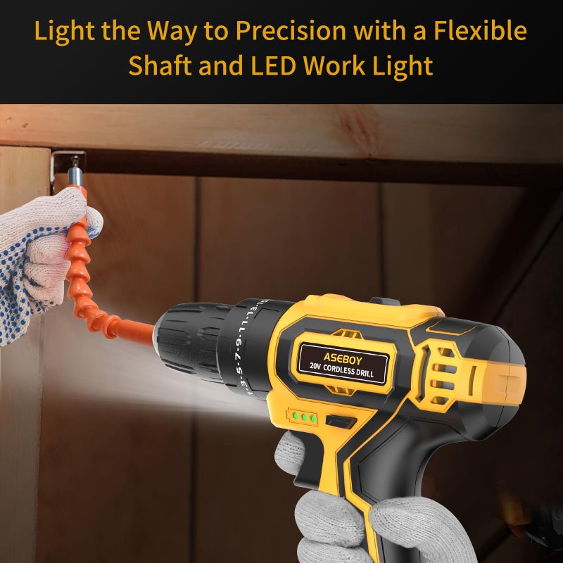 Aseboy Cordless Drill with Battery and Charger, 20V Electric Power Drill with 3/8" Keyless Chuck, 25+3 Torque Settings & Impact Mode for Drilling, Screwdriving, and Home Improvement(2 Batteries) - Image 5