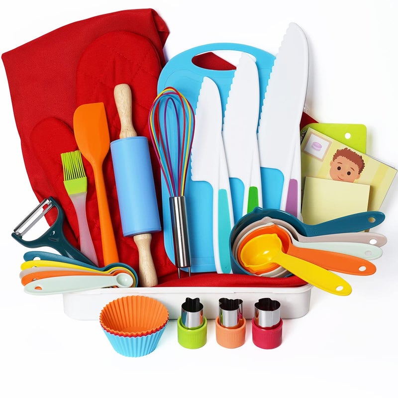 Kids Cooking and Baking Supplies Set with Gift Storage Box Complete Junior Chef Cooking Kit Girls Boys Childrens Real Bakeware Accessories Real Cookware and Baking Utensils Sets for Kids