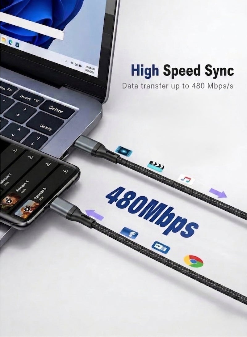ايه كيه تي ستار كابل شحن سريع من نوع USB-A إلى USB-C بقوة 60 واط، مصنوع من النايلون المضفر، لنقل البيانات (حتى 480 ميجابت في الثانية)، تيار عالي 3 أمبير، موصلات معززة، طوله متر واحد، متوافق مع أجهزة iPhone 16/15 وSamsung Galaxy وiPad وMacBook (طوله متر واحد). - Image 2
