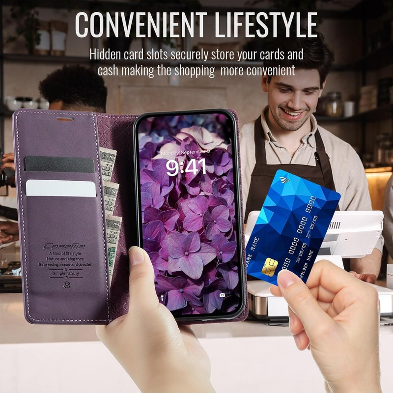 حافظة هاتف لأيفون 17، مصنوعة من جلد PU عالي الجودة [مانعة للتشويش الراديوي RFID]، تحتوي على فتحة للبطاقات ووظيفة وقوف، حافظة جلدية، حافظة للهاتف، غطاء لأيفون 17، لون بنفسجي - Image 4
