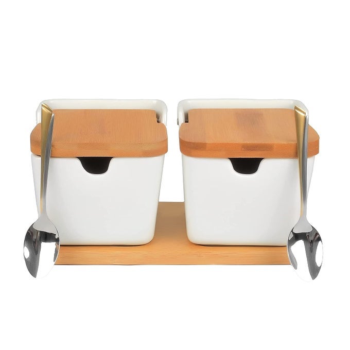 2 PCS PORCELAIN CONDIMENT JAR SPICE CONTAINER CERAMIC SEASONING JAR WITH LID SPOON AND TRAY GREAT FOR HOME KITCHEN COUNTER