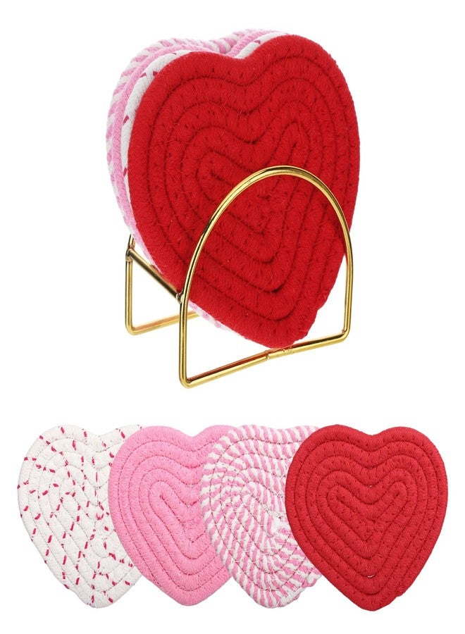 SXoonKing Heart Coasters Set of 4 with Holder, White Red Pink Coasters for Drinks, Handmade Braided Cotton Absorbent Winter Cup Coaster for Table Desk, Cute Girly Office Decor, Housewarming & Valentines Gifts - Image 1