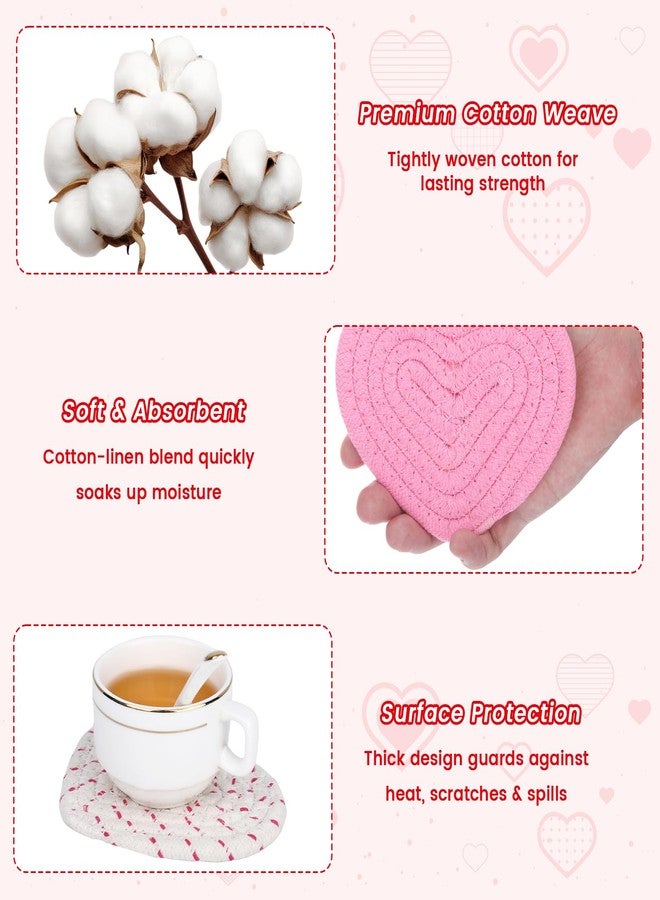 SXoonKing Heart Coasters Set of 4 with Holder, White Red Pink Coasters for Drinks, Handmade Braided Cotton Absorbent Winter Cup Coaster for Table Desk, Cute Girly Office Decor, Housewarming & Valentines Gifts - Image 5