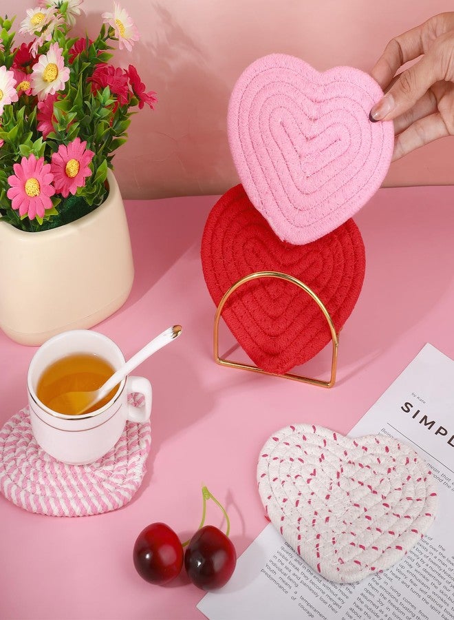 SXoonKing Heart Coasters Set of 4 with Holder, White Red Pink Coasters for Drinks, Handmade Braided Cotton Absorbent Winter Cup Coaster for Table Desk, Cute Girly Office Decor, Housewarming & Valentines Gifts - Image 4