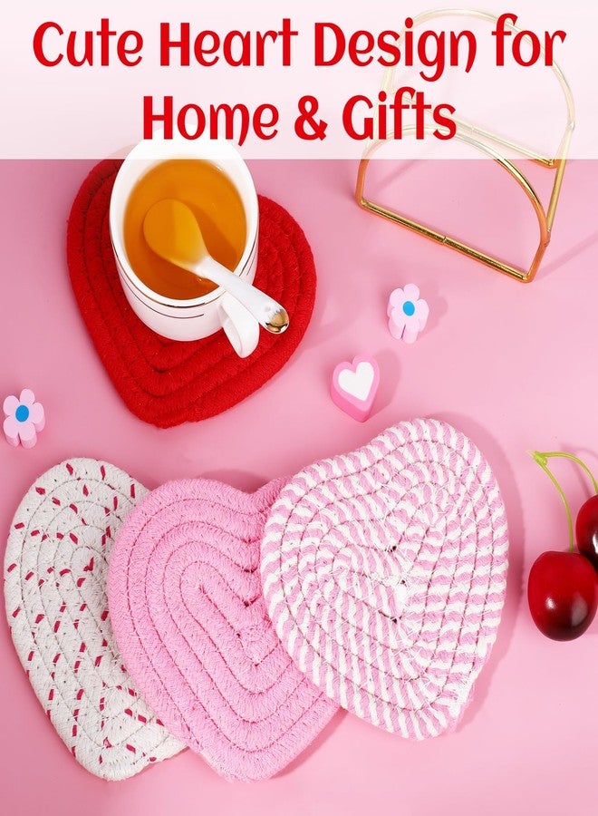 SXoonKing Heart Coasters Set of 4 with Holder, White Red Pink Coasters for Drinks, Handmade Braided Cotton Absorbent Winter Cup Coaster for Table Desk, Cute Girly Office Decor, Housewarming & Valentines Gifts - Image 3