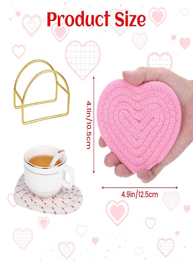 SXoonKing Heart Coasters Set of 4 with Holder, White Red Pink Coasters for Drinks, Handmade Braided Cotton Absorbent Winter Cup Coaster for Table Desk, Cute Girly Office Decor, Housewarming & Valentines Gifts - Image 2