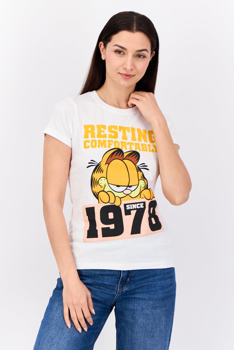 nickelodeon Women Crew Neck Short Sleeves Garfield T-Shirt, White - Image 1