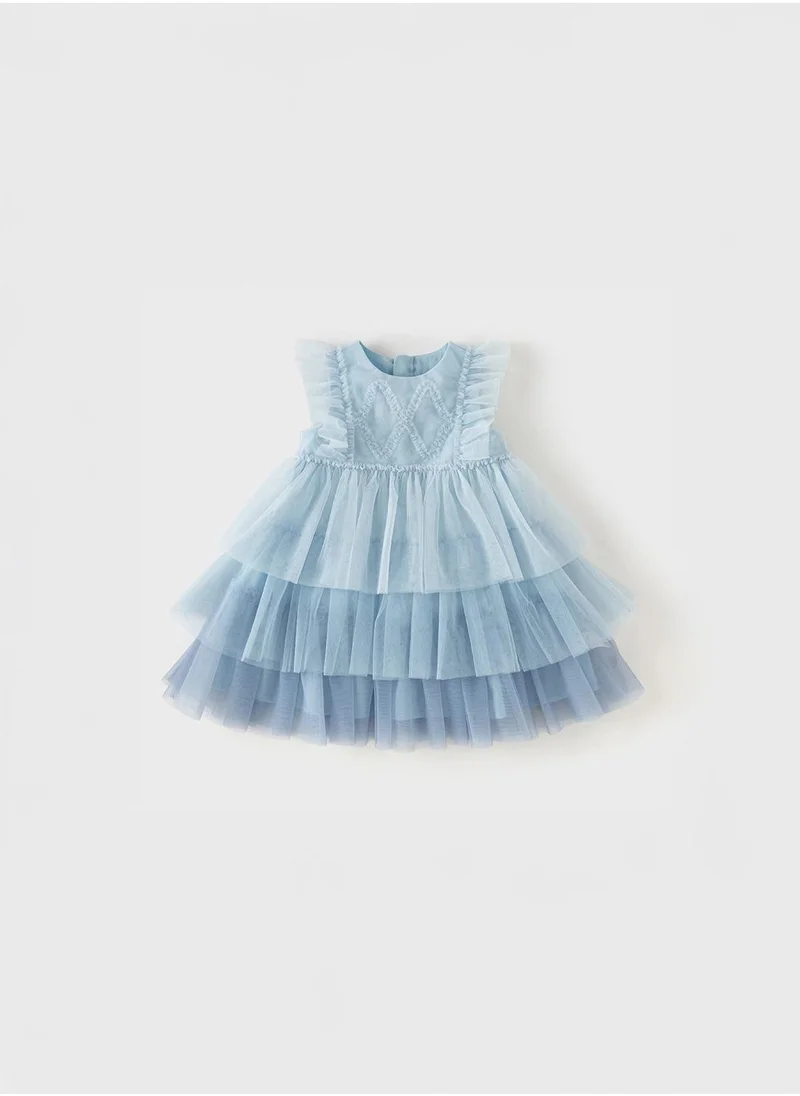 Dave & Bella Dave & Bella Sea Blue Ombre Layered Dress for Baby Girls – Sleeveless Tulle Party Wear
