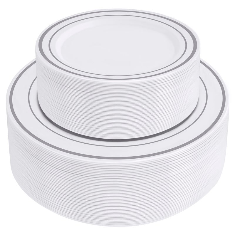 SETUP 100Piece Silver Trim Plastic Dinnerware Set  50 1025 Dinner  50 75 Salad Plates  HeavyDuty Disposable for Weddings Catering Parties