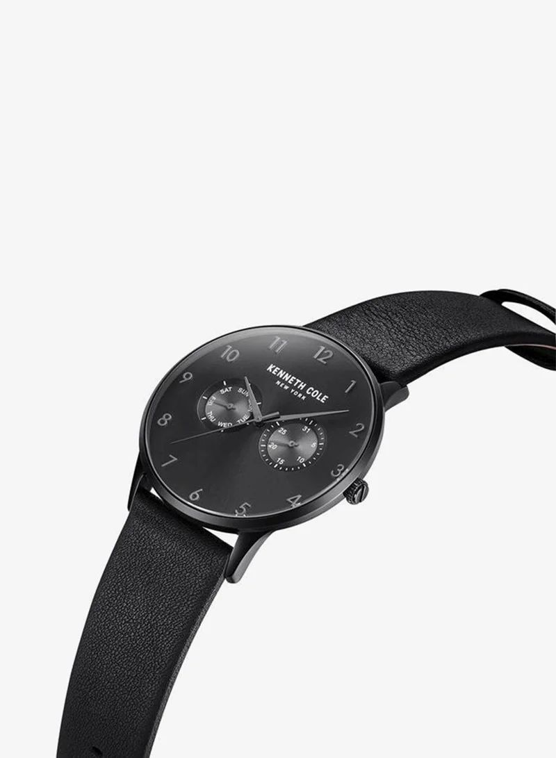Kenneth Cole New York Modern Classic Black Dial Black Leather Strap Chronograph Watch for Men 42mm