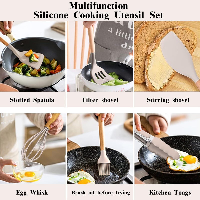 46-Piece Non-Stick Silicone Cooking Utensil Set with Holder and Wooden Handles, Khaki - Image 3