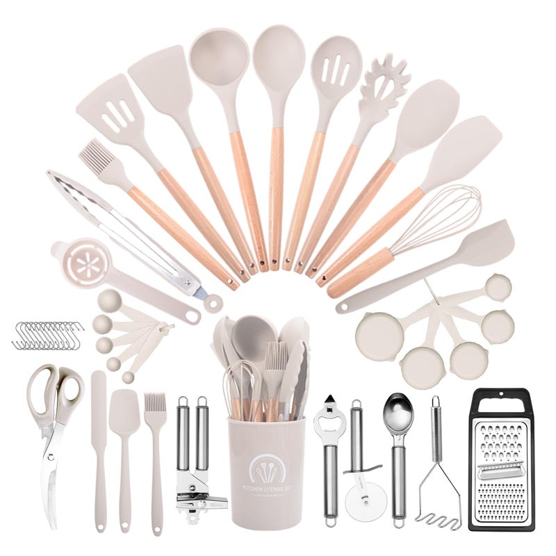 46-Piece Non-Stick Silicone Cooking Utensil Set with Holder and Wooden Handles, Khaki - Image 1