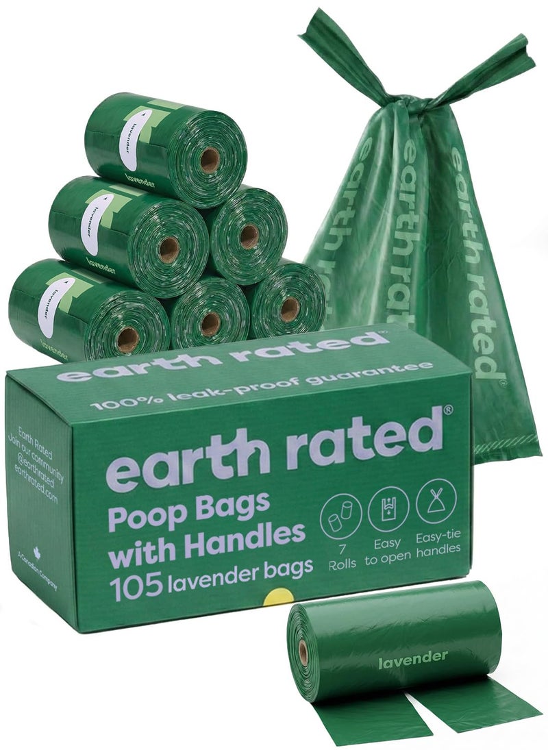 Earth Rated Dog Poop Bags with Handles on Refill Rolls, Easy-Tie on a Compact Roll, Extra Wide Opening, Guaranteed Leak-Proof, Lavender Scented, 105 on Rolls - Image 1