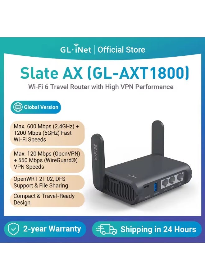 GL.iNet GL-AXT1800 (Slate AX) Portable Gigabit Travel Router, Pocket-Sized, Wi-Fi 6, Extender/Repeater for Hotel&Public Network Storage, VPN Client&Server, OpenWrt, Adguard Home, USB3.0, TF Card Slot - Image 1