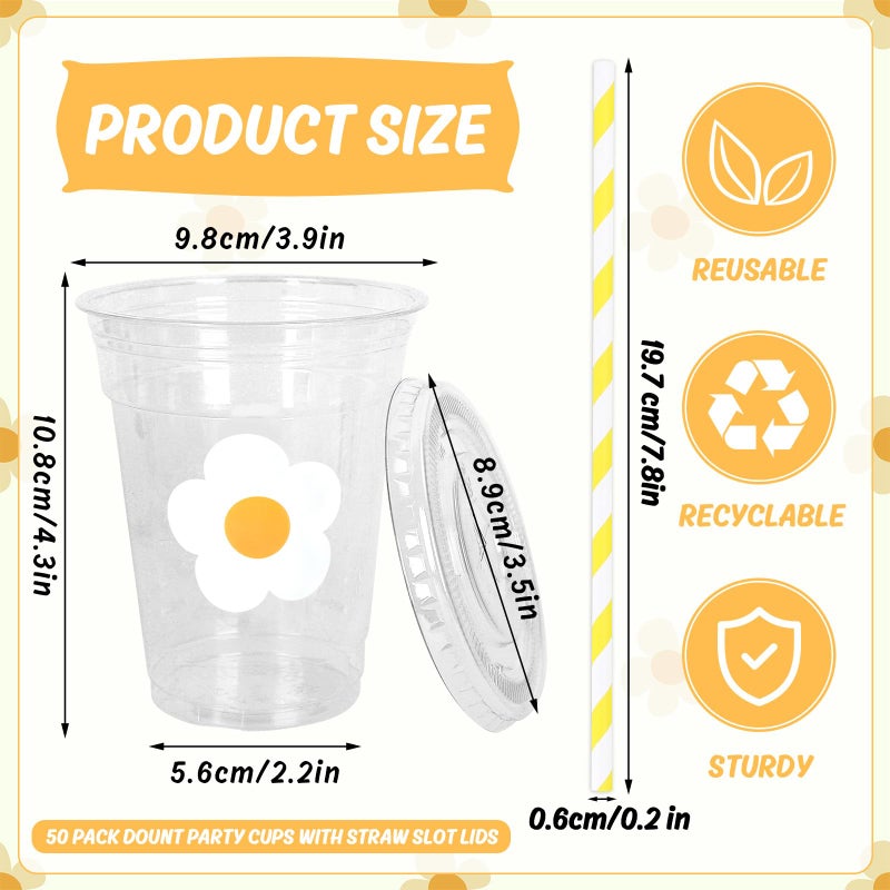 Whaline 50Pcs Flowers Disposable Plastic Cups with Lids and Straws 12oz White Floral Party Cups Cold Beverage Drinking Cups for Spring Summer Wedding Birthday Baby Shower Favor Supplies - Image 2