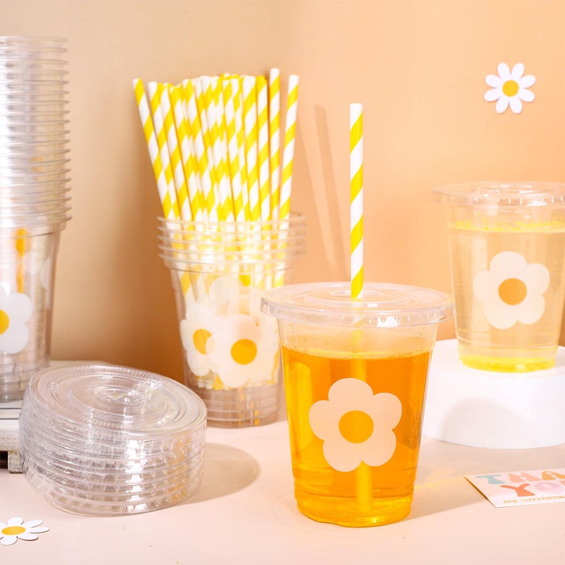Whaline 50Pcs Flowers Disposable Plastic Cups with Lids and Straws 12oz White Floral Party Cups Cold Beverage Drinking Cups for Spring Summer Wedding Birthday Baby Shower Favor Supplies - Image 4