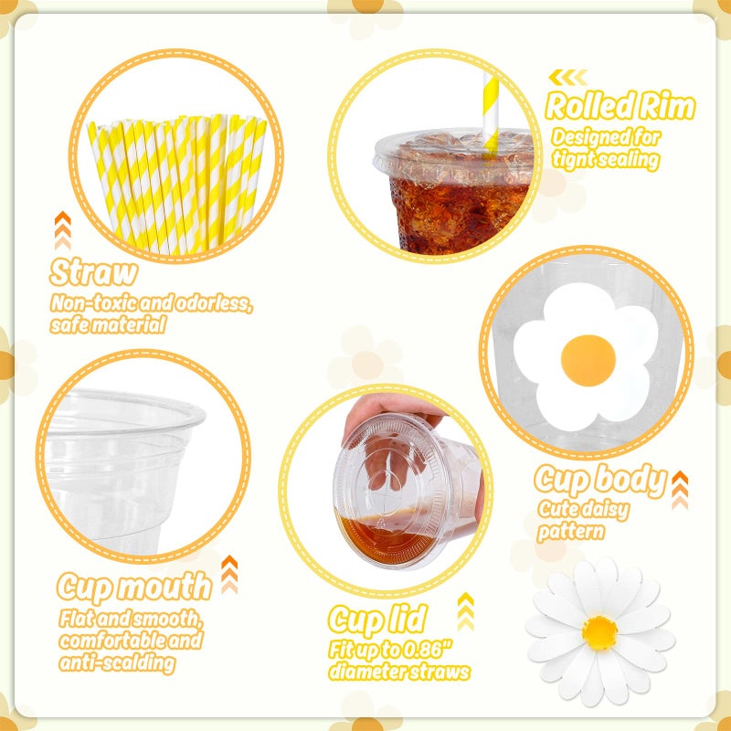 Whaline 50Pcs Flowers Disposable Plastic Cups with Lids and Straws 12oz White Floral Party Cups Cold Beverage Drinking Cups for Spring Summer Wedding Birthday Baby Shower Favor Supplies - Image 3