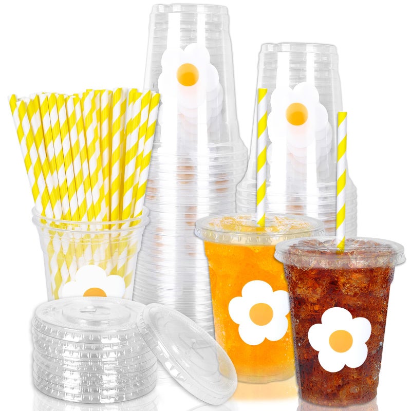 Whaline 50Pcs Flowers Disposable Plastic Cups with Lids and Straws 12oz White Floral Party Cups Cold Beverage Drinking Cups for Spring Summer Wedding Birthday Baby Shower Favor Supplies - Image 1