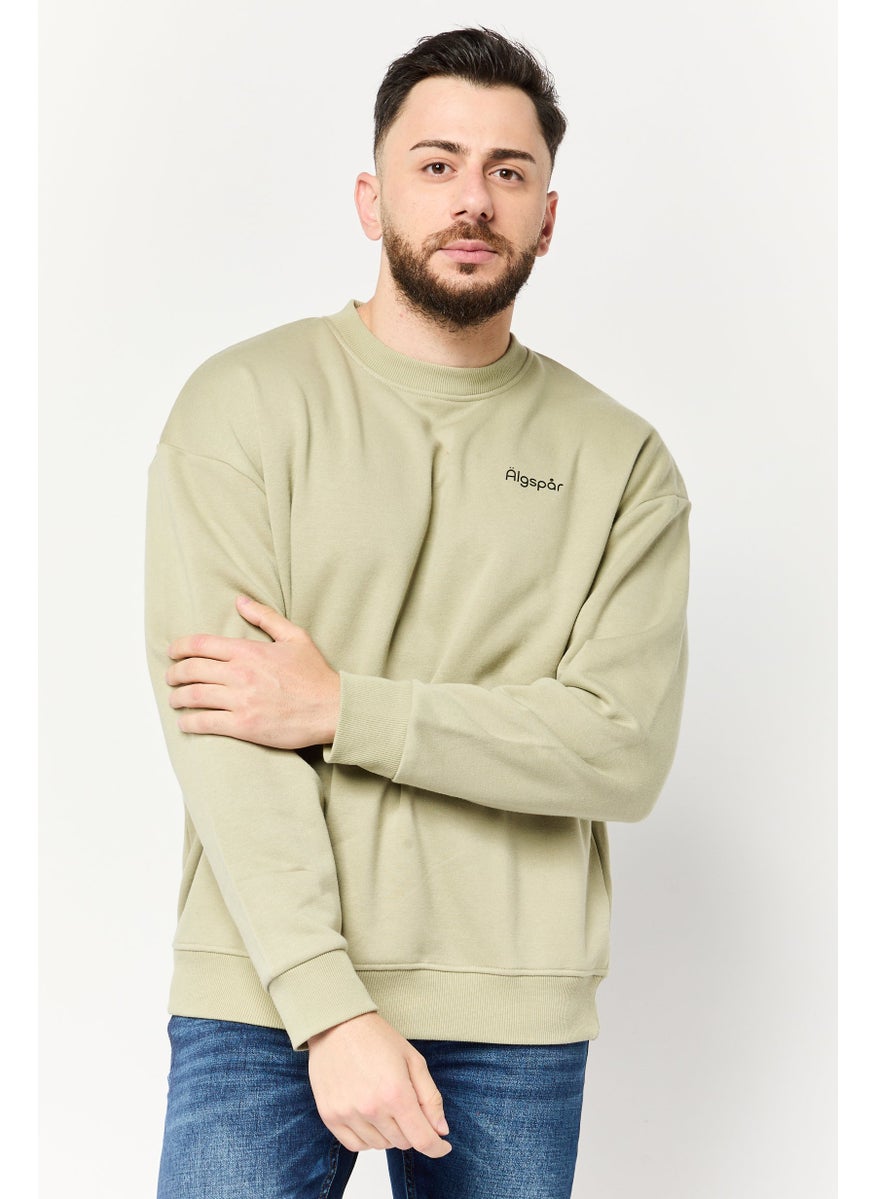 Algspar Men Crew Neck Long Sleeve Brand Logo  Sweatshirts, Olive  - Image 1