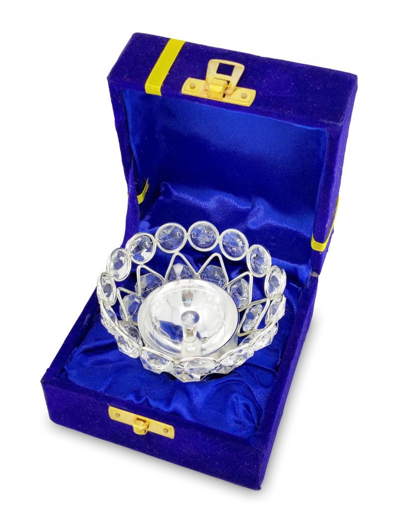 BENGALEN Crystal Diya with Blue Velvet Gift Box Home Decoration Chrystal Piyali Dia Pooja Items Puja Gifts Handmade Oil Lamp Traditional Indian Dhanteras Deepawali Diwali Gift Items - Image 1