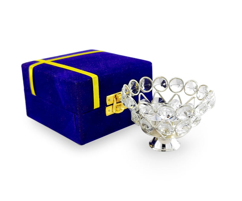 BENGALEN Crystal Diya with Blue Velvet Gift Box Home Decoration Chrystal Piyali Dia Pooja Items Puja Gifts Handmade Oil Lamp Traditional Indian Dhanteras Deepawali Diwali Gift Items - Image 2