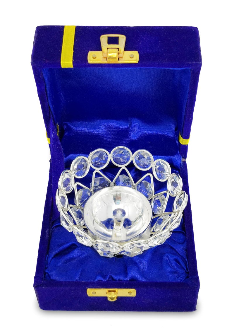BENGALEN Crystal Diya with Blue Velvet Gift Box Home Decoration Chrystal Piyali Dia Pooja Items Puja Gifts Handmade Oil Lamp Traditional Indian Dhanteras Deepawali Diwali Gift Items - Image 3